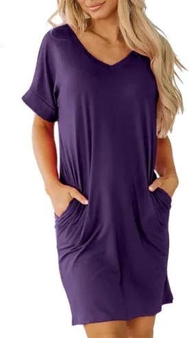 Camisunny Womens Short Sleeve Pleated Loose Swing Casual Dresses with Pockets Knee Length Summer V Neck Tunic Dress