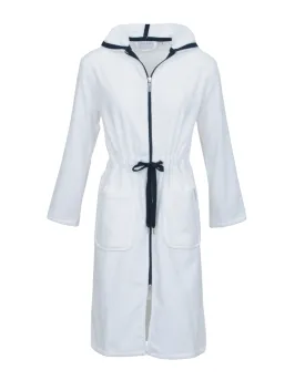 Carl Ross White/ Night Blue Trimmed Zippered Extra Long Bathrobe