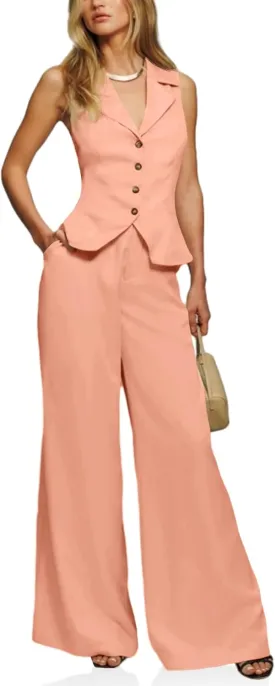 Cicy Bell Womens Vest Sets Summer 2 Piece Outfits Button Crop Blazer Vest and Wide Leg Pant Suits
