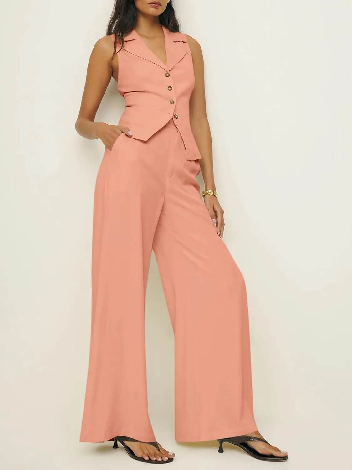 Cicy Bell Womens Vest Sets Summer 2 Piece Outfits Button Crop Blazer Vest and Wide Leg Pant Suits
