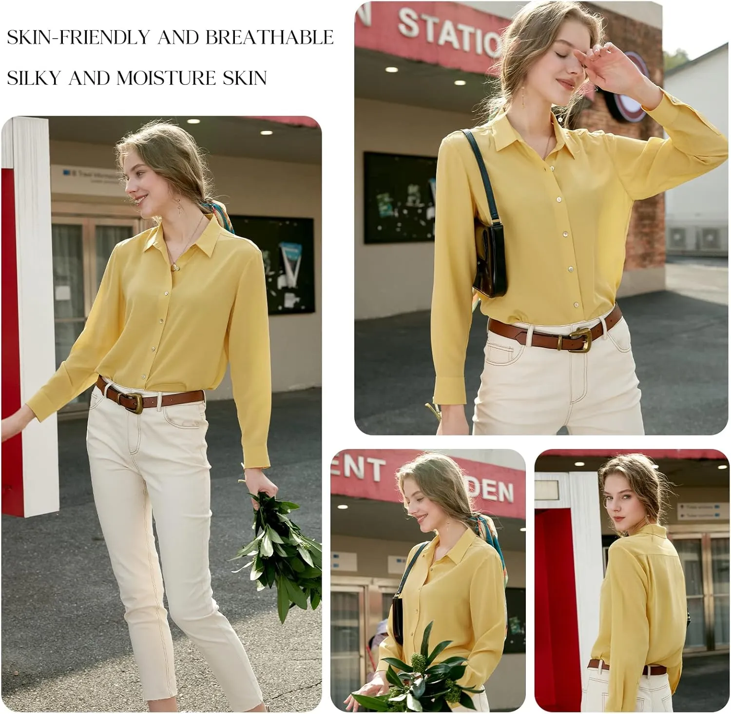 COLD POSH 100% Pure Silk Blouses for Women Long Sleeve: Women's Button-Down Elegant Shirts Lapel Luxurious Casual Blouse