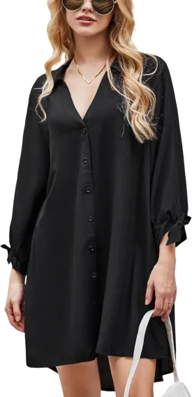 CUPSHE Women Shirt Mini Summer Dress Cover Ups 3/4 Sleeve Cuff Tie Button Down Holiday Sundress Beach Cover Up Dress