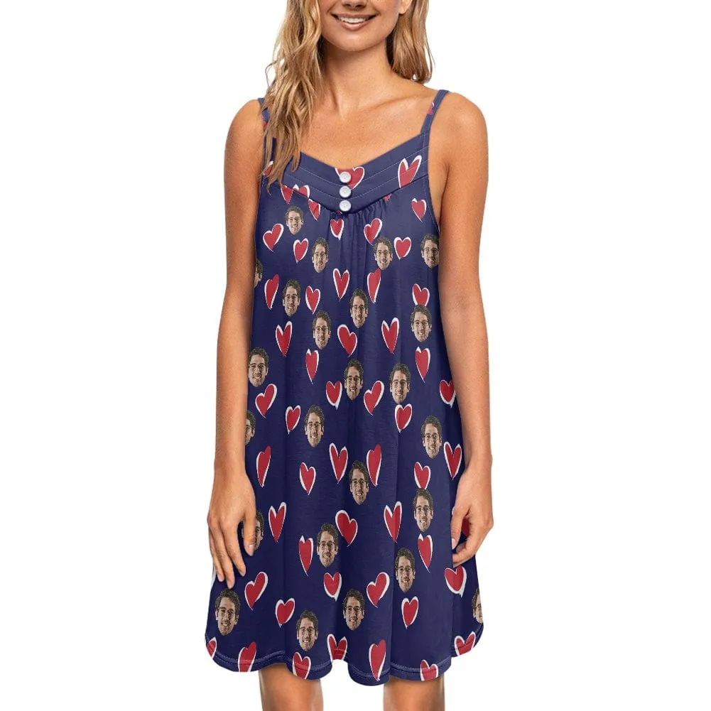 Custom Your Husband's Face Women Bule Suspender Nightdress Sleeveless Nightgown Soft Sleep Dress