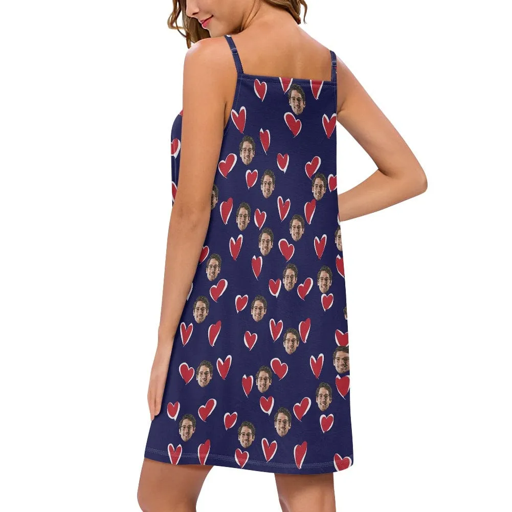 Custom Your Husband's Face Women Bule Suspender Nightdress Sleeveless Nightgown Soft Sleep Dress