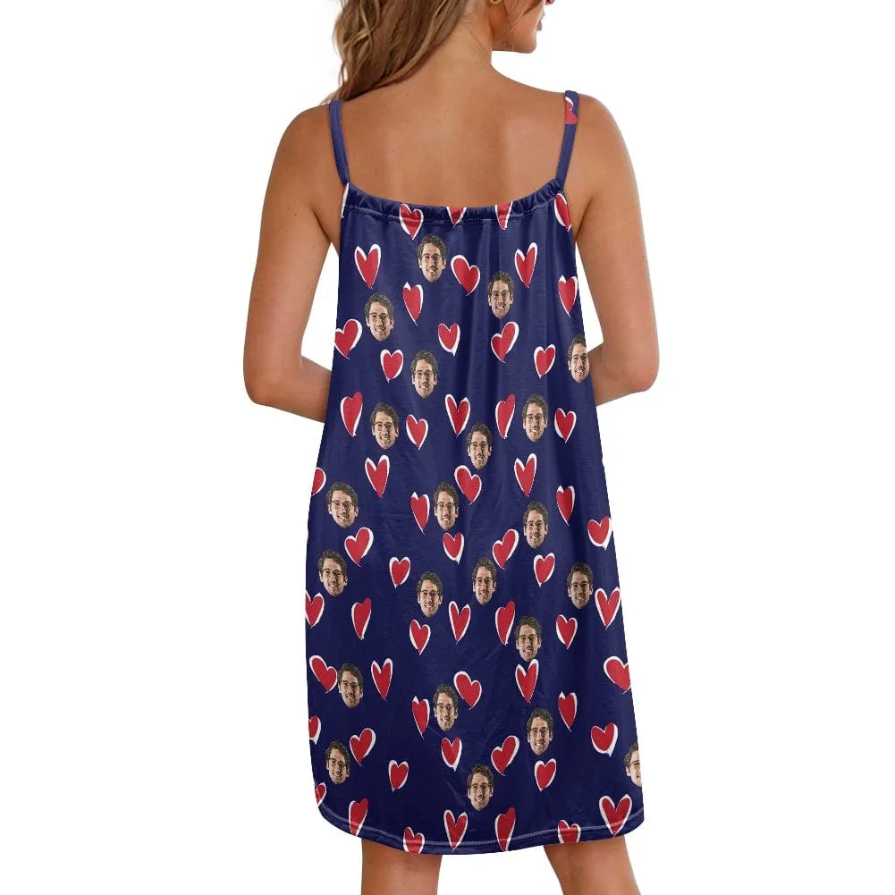 Custom Your Husband's Face Women Bule Suspender Nightdress Sleeveless Nightgown Soft Sleep Dress