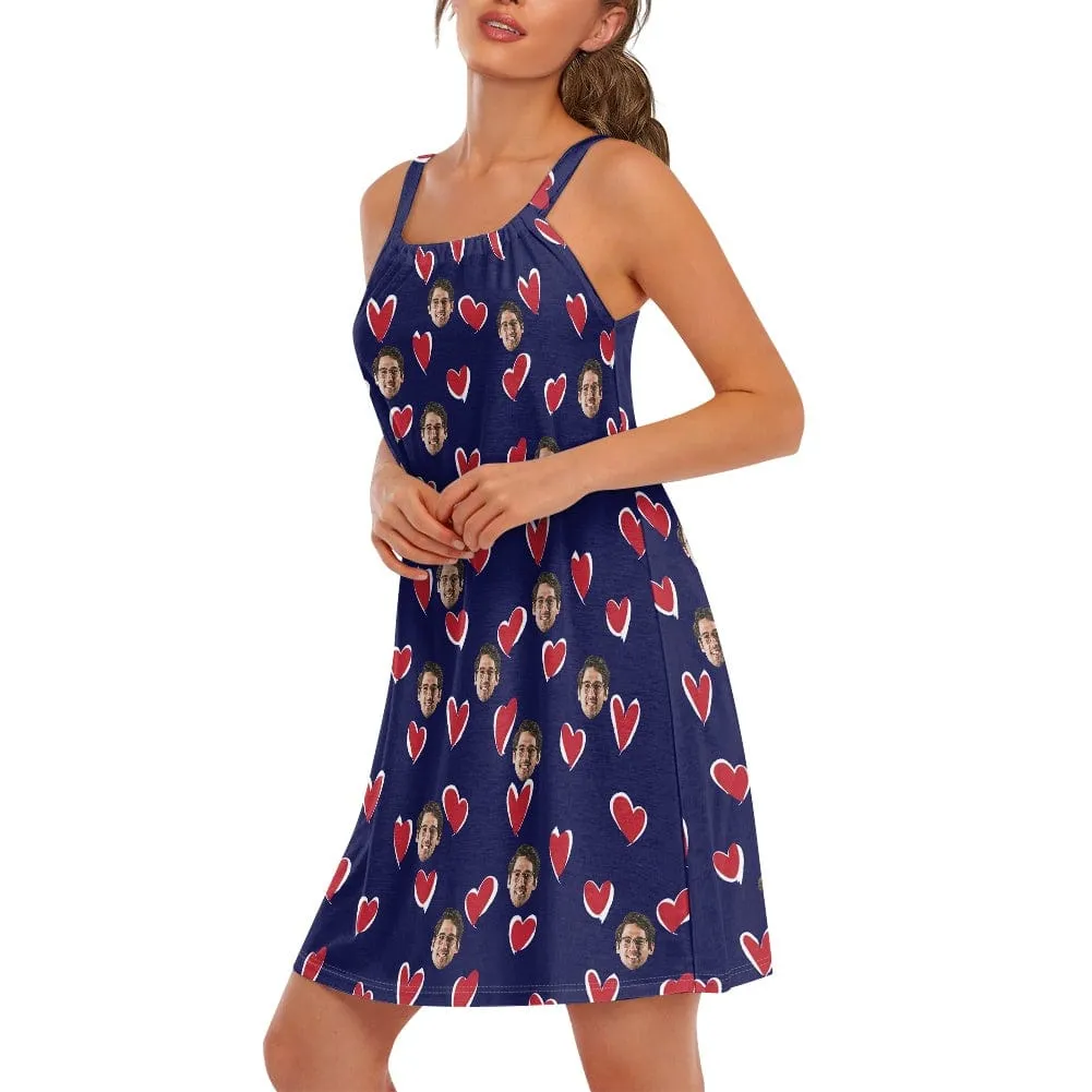 Custom Your Husband's Face Women Bule Suspender Nightdress Sleeveless Nightgown Soft Sleep Dress