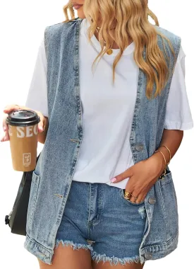 Denim Jean Vest for Women Oversized Lightweight Collarless Sleeveless Button Down Denim Waistcoat Jacket
