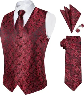 DiBanGu Mens Paisley Suit Waistcoat Silk Dress Vest and Necktie Pocket Square Cufflinks for Wedding Party