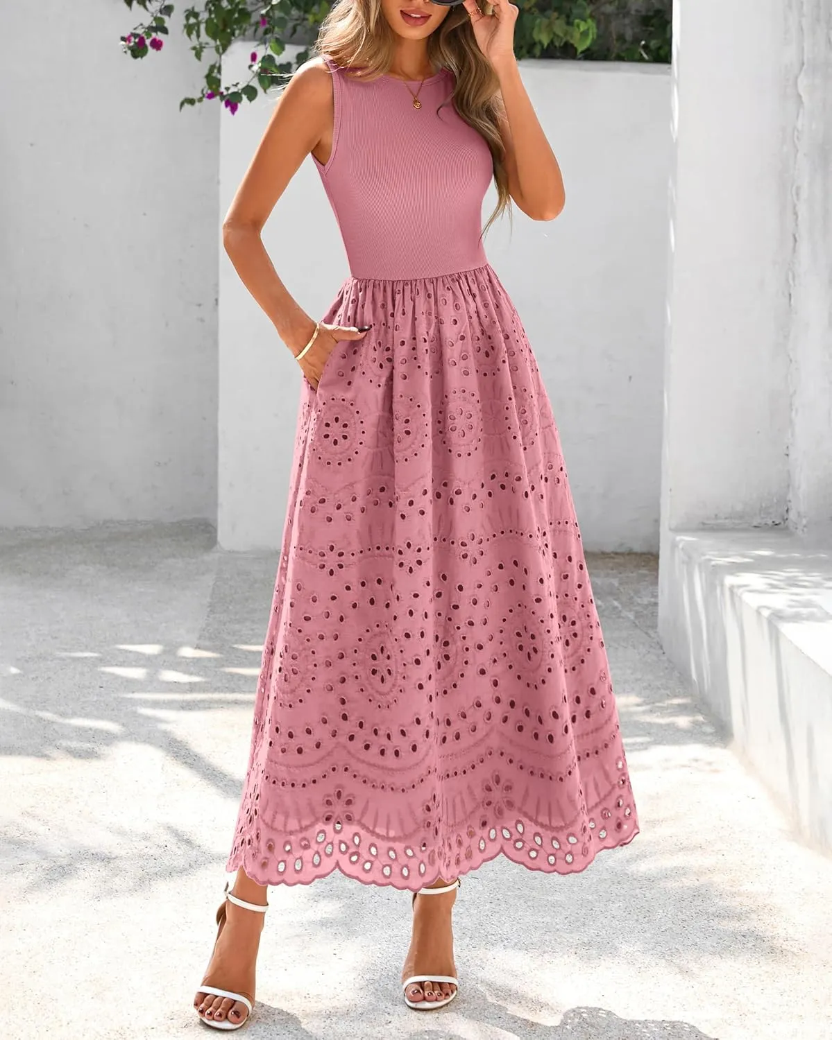 dowerme Women Summer Dresses 2025 Casual Sleeveless Crewneck A-Line Boho Lace Eyelet Cotton Tank Maxi Dress with Pockets