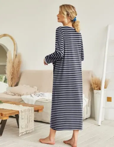 Ekouaer Women Long House Coat Zipper Front Robes Full Length Nightgowns with Pockets Striped Loungewear S-4XL