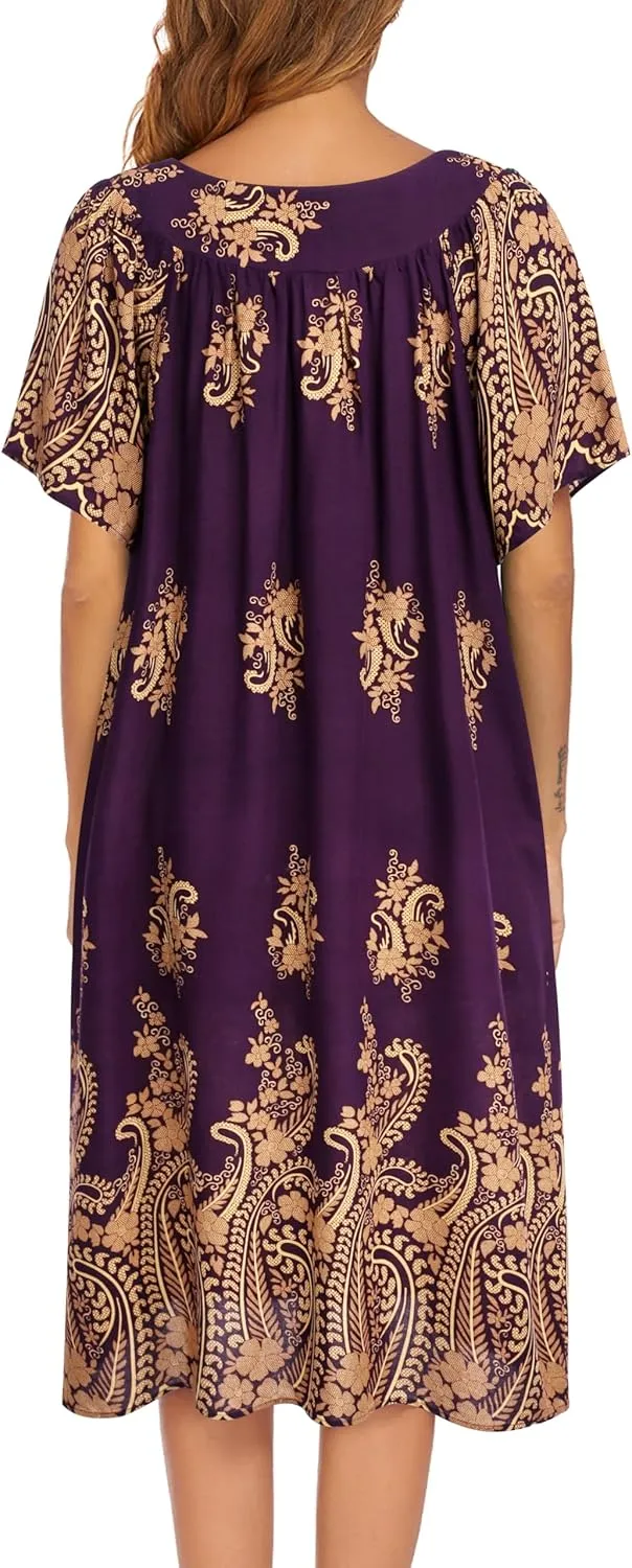 Ekouaer Womens Nightgown Short Sleeve House Dress with Pockets-Floral Print Mumu Dress