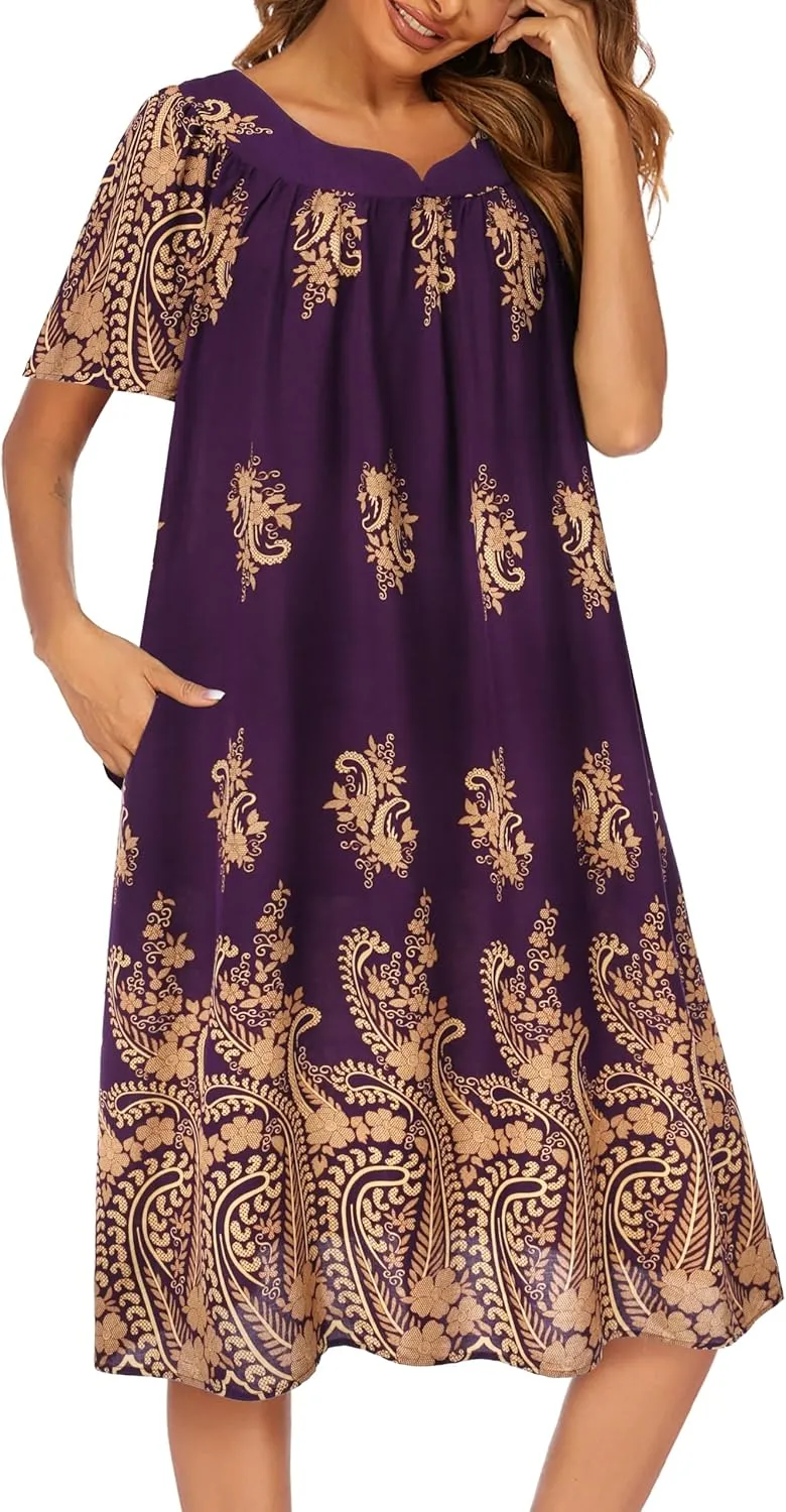 Ekouaer Womens Nightgown Short Sleeve House Dress with Pockets-Floral Print Mumu Dress