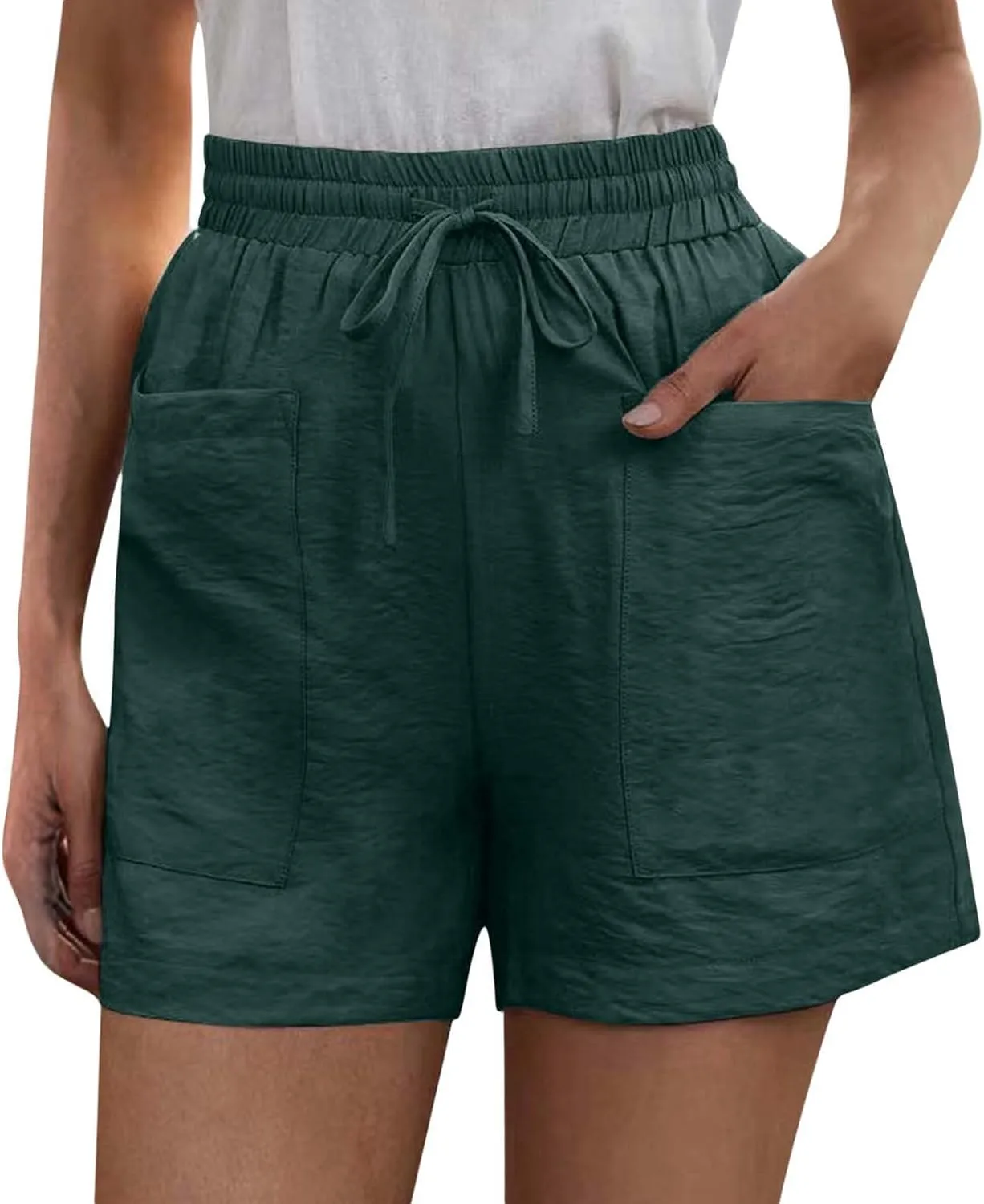 Elastic Waist Casual Shorts for Women Comfy High Waisted Drawstring Summer Solid Color Beach Shorts with Pockets