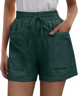 Elastic Waist Casual Shorts for Women Comfy High Waisted Drawstring Summer Solid Color Beach Shorts with Pockets