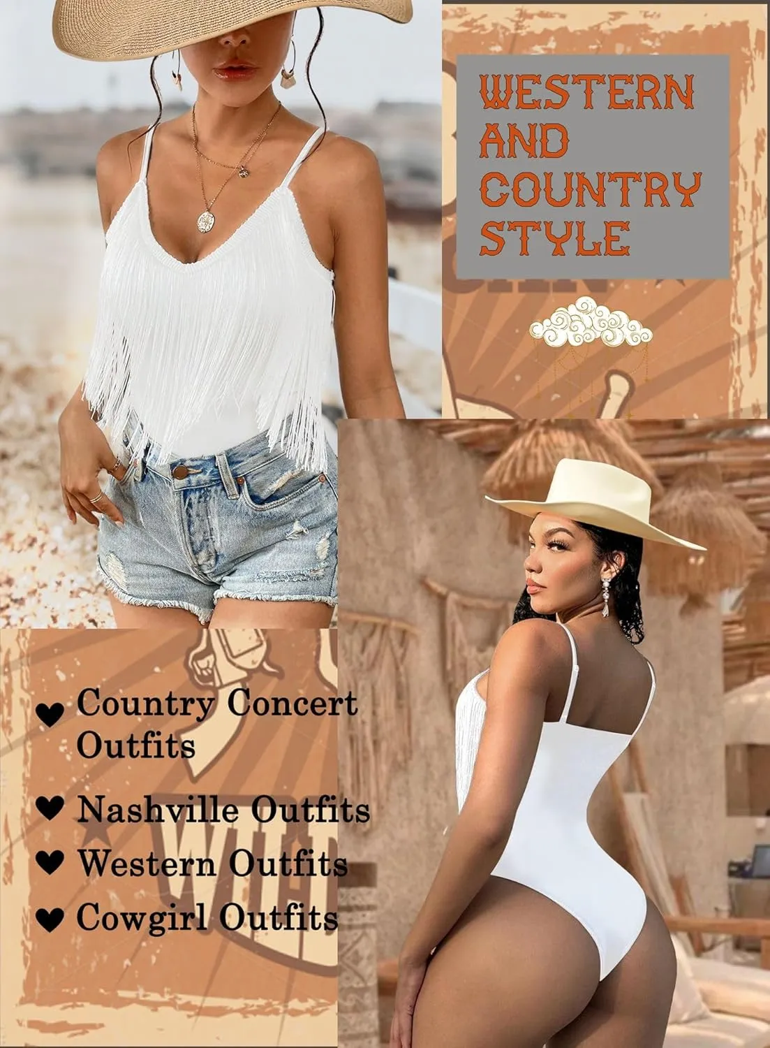 Ella Lust Cowgirl Fringe Bodysuit for Women - Western Country Concert Outfits Boho Tassel Jumpsuit Rave Festival Tops Romper