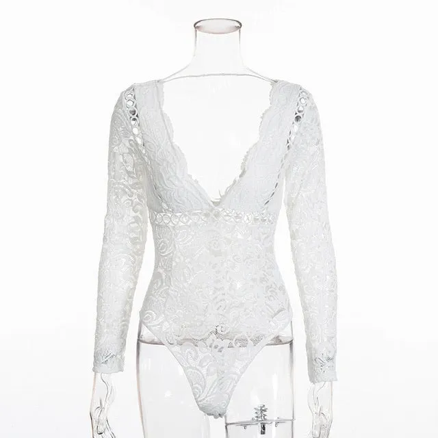 FULL FIGURE Long Sleeve Lace Bodysuit -Plus Size Black Lace Bodysuit -Full Figure White Lace Bodysuit - Plus Size Bodysuits