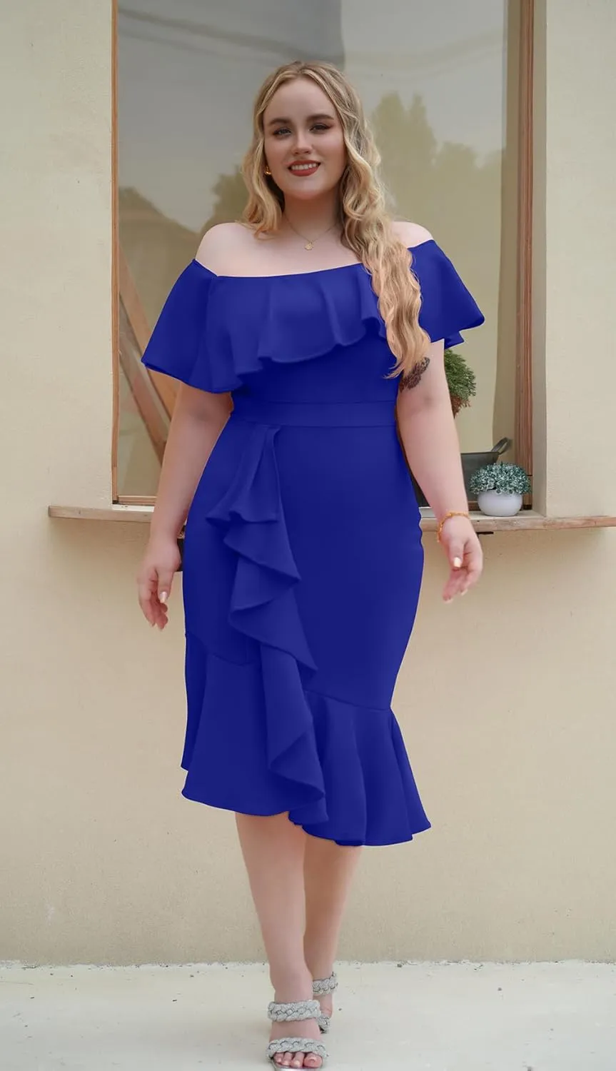 GOBLES Women's Elegant Off The Sholder Back Zipper Ruffles Bodycon Midi Cocktail Dress