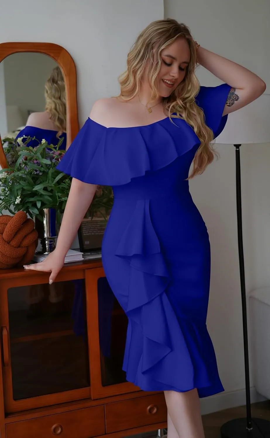 GOBLES Women's Elegant Off The Sholder Back Zipper Ruffles Bodycon Midi Cocktail Dress