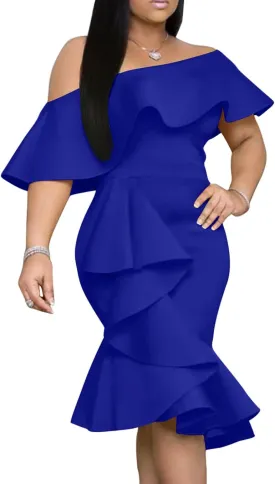 GOBLES Women's Elegant Off The Sholder Back Zipper Ruffles Bodycon Midi Cocktail Dress