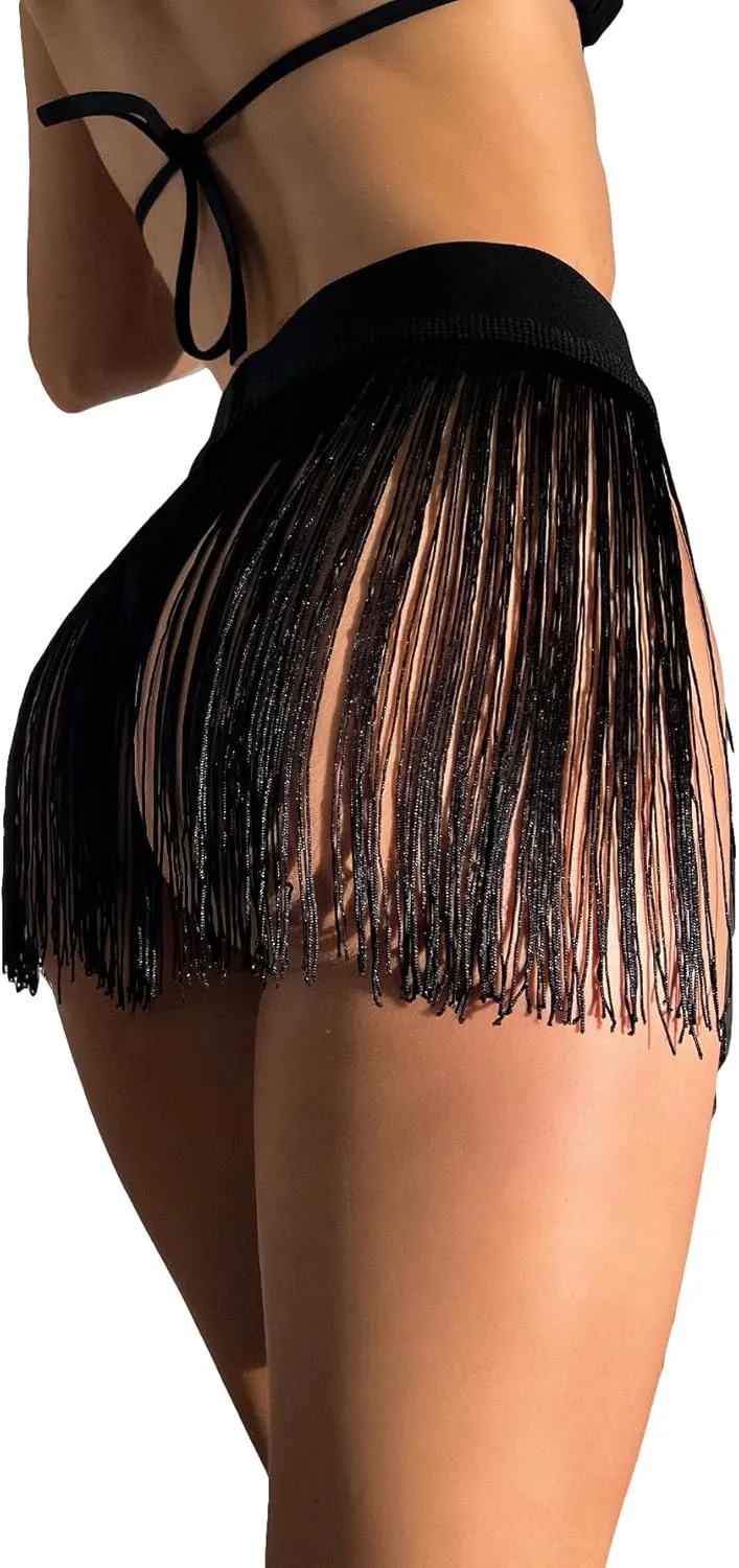 GORGLITTER Women's Fringe Sheer Rave Mini Skirt Beach Tassel High Waisted Swimsuit Coverup Skirts