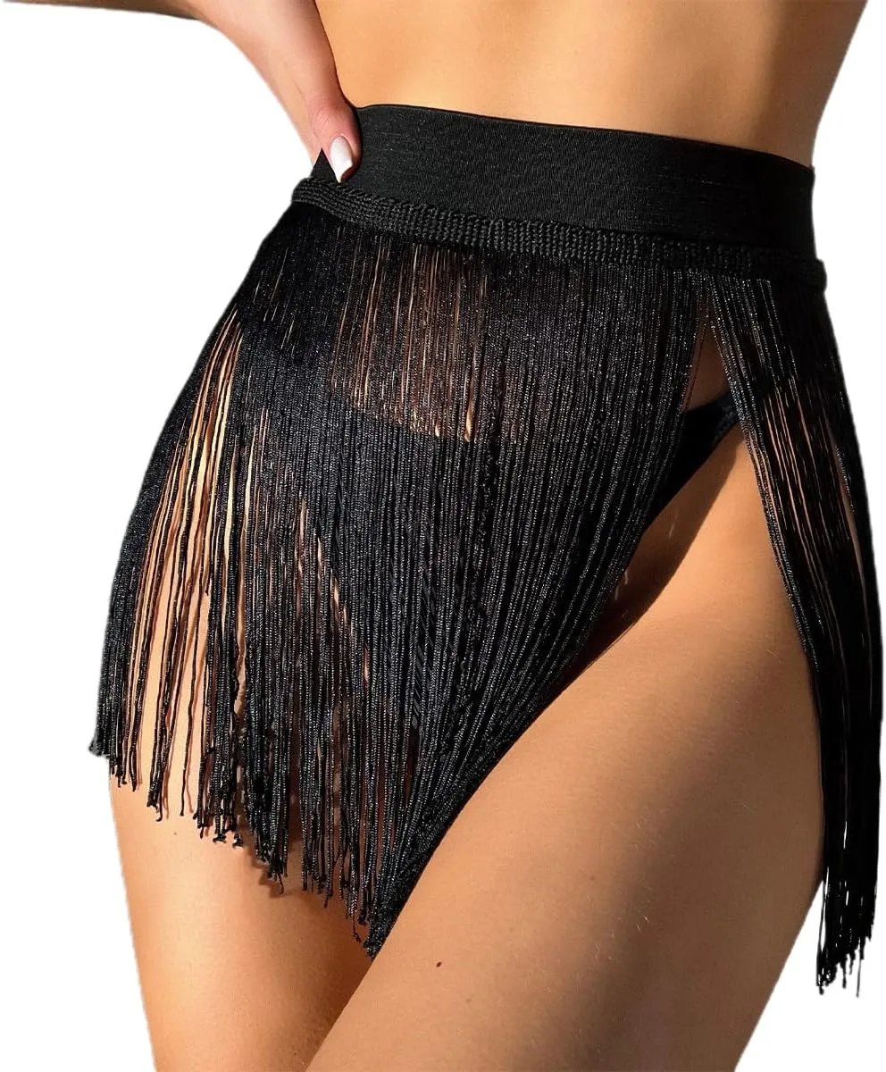 GORGLITTER Women's Fringe Sheer Rave Mini Skirt Beach Tassel High Waisted Swimsuit Coverup Skirts