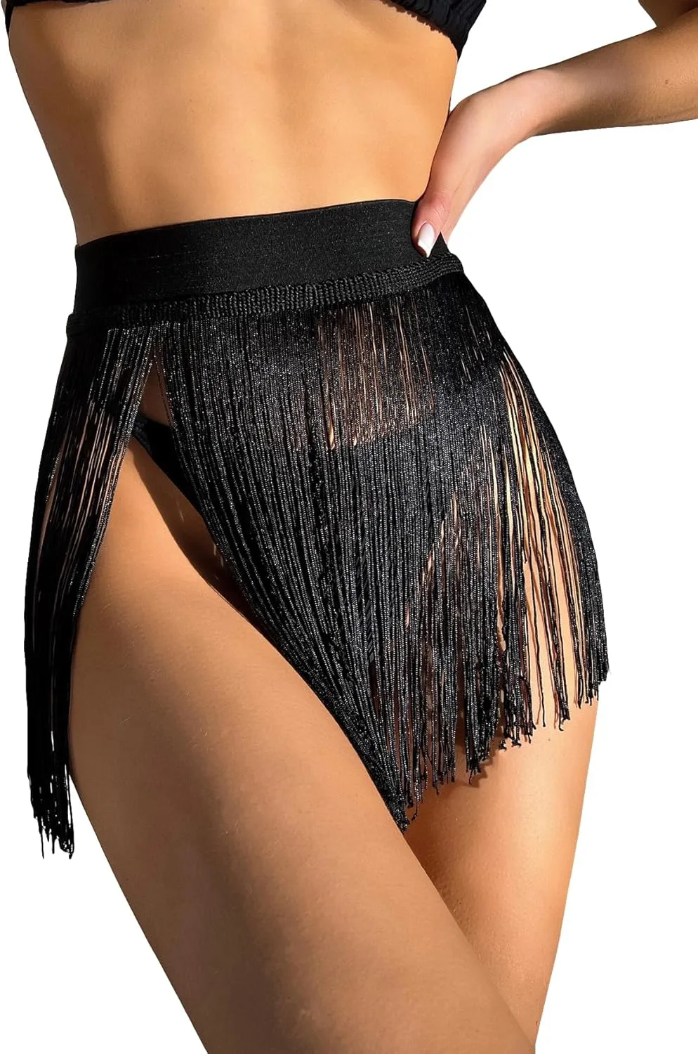 GORGLITTER Women's Fringe Sheer Rave Mini Skirt Beach Tassel High Waisted Swimsuit Coverup Skirts