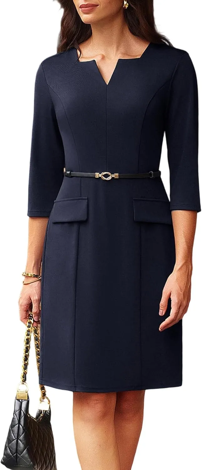 GRACE KARIN 2025 Women's 3/4 Sleeve Business Work Dress V Neck Bodycon Sheath Dress with Belt