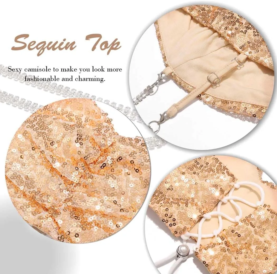 GRAEEN Sparkly Spaghetti Strap Crop Tops Sequin Tank Cami Top Glitter Sleeveless V Neck Ruched Top