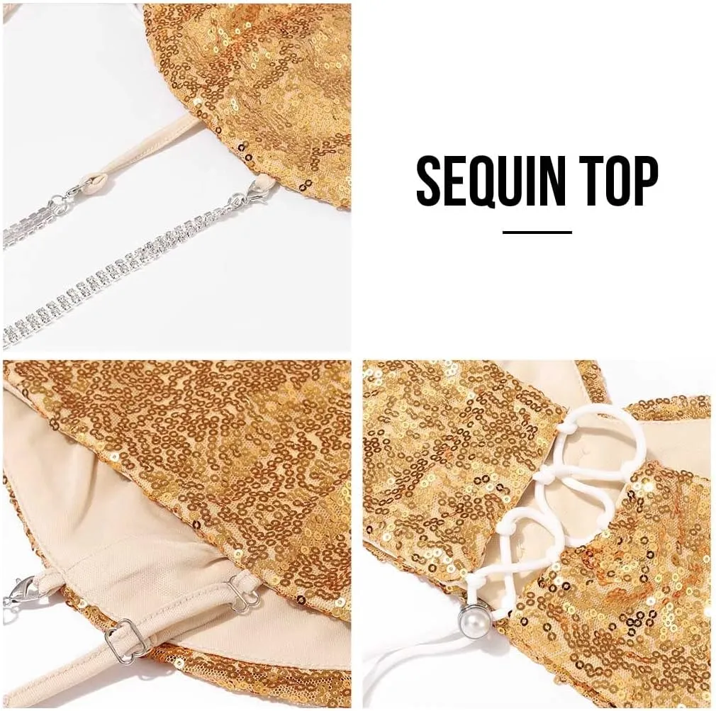 GRAEEN Sparkly Spaghetti Strap Crop Tops Sequin Tank Cami Top Glitter Sleeveless V Neck Ruched Top