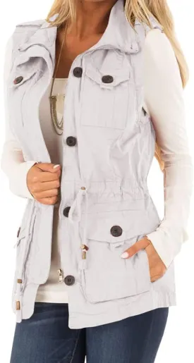 Koodred Women's Casual Military Utility Vest Lightweight Sleeveless Drawstring Jackets with Pockets