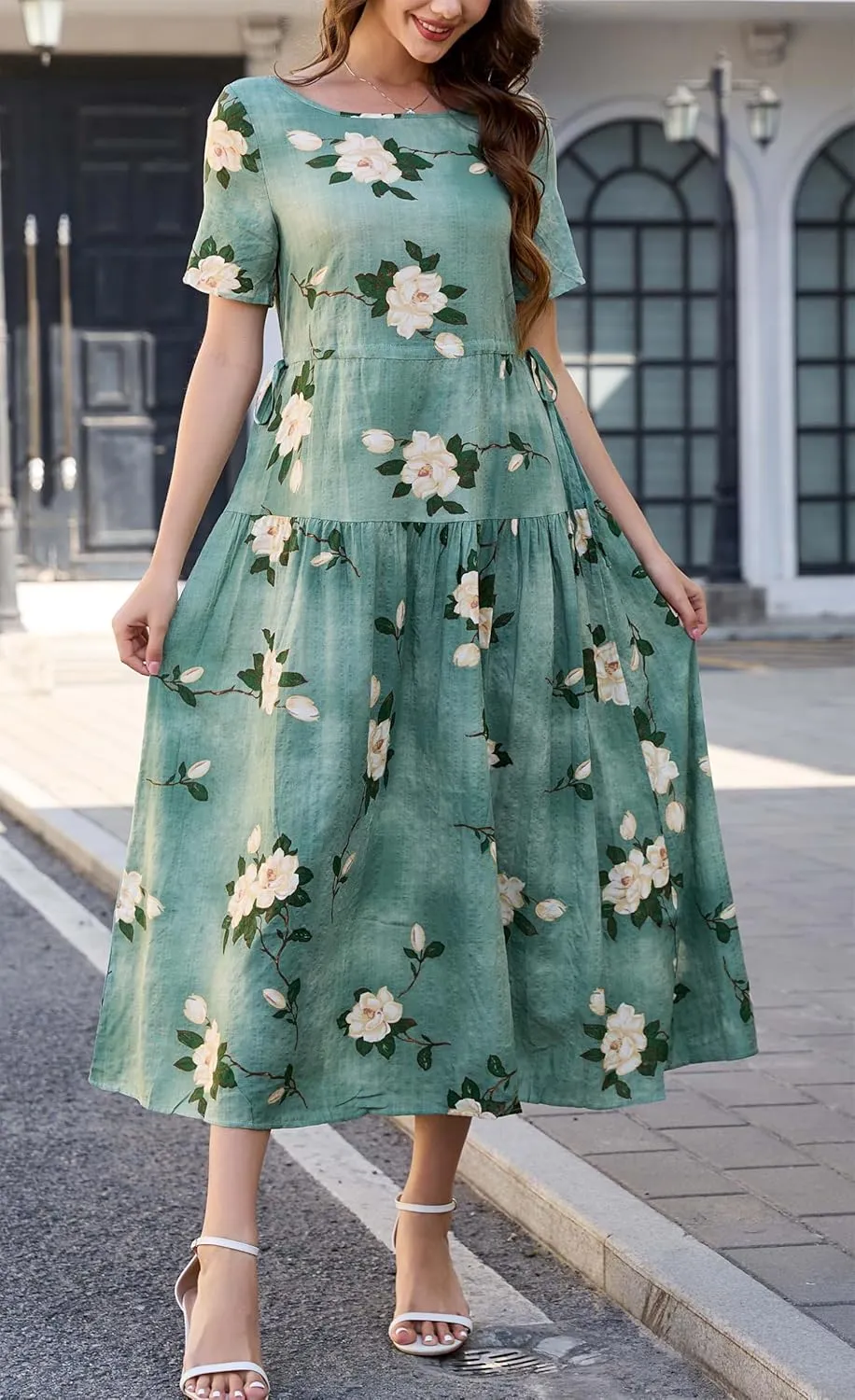 Kormei Women Casual Short Sleeve Loose Drawstring Bohemian Floral Dress Summer Beach Swing Long Maxi Dresses