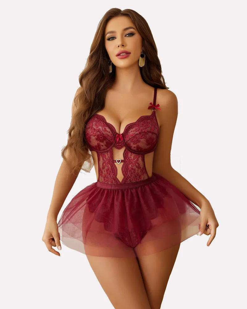 Lace Lingerie Bodysuit with Mini Skirt Sets