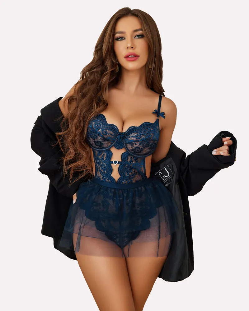 Lace Lingerie Bodysuit with Mini Skirt Sets