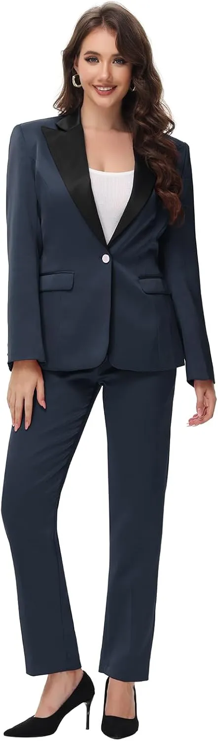 Lamgool Women's Suit 2 Pieces Satin Pantsuits One Button Tuxedo for Dinner, Event and Work