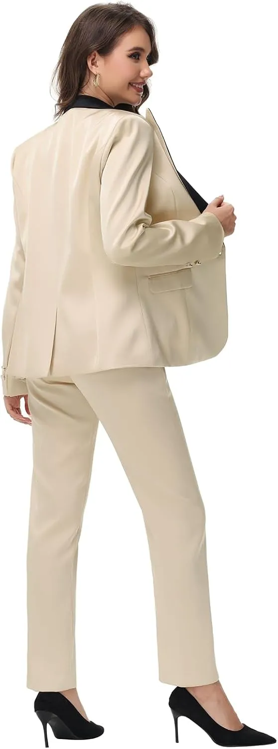Lamgool Women's Suit 2 Pieces Satin Pantsuits One Button Tuxedo for Dinner, Event and Work