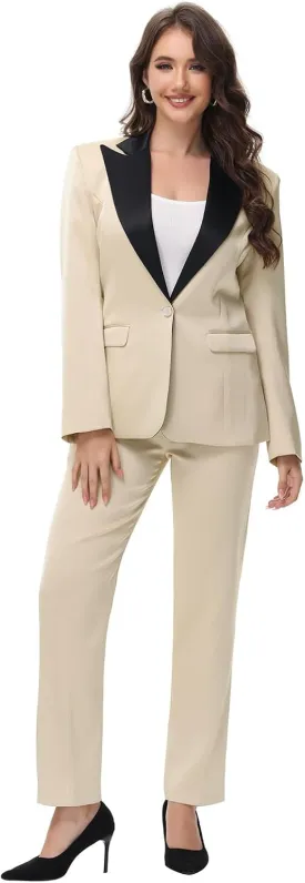 Lamgool Women's Suit 2 Pieces Satin Pantsuits One Button Tuxedo for Dinner, Event and Work