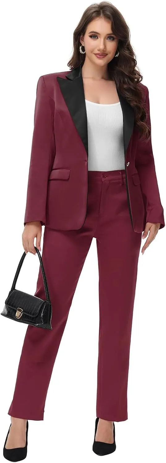 Lamgool Women's Suit 2 Pieces Satin Pantsuits One Button Tuxedo for Dinner, Event and Work
