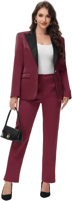 Lamgool Women's Suit 2 Pieces Satin Pantsuits One Button Tuxedo for Dinner, Event and Work