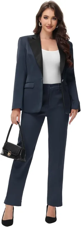 Lamgool Women's Suit 2 Pieces Satin Pantsuits One Button Tuxedo for Dinner, Event and Work