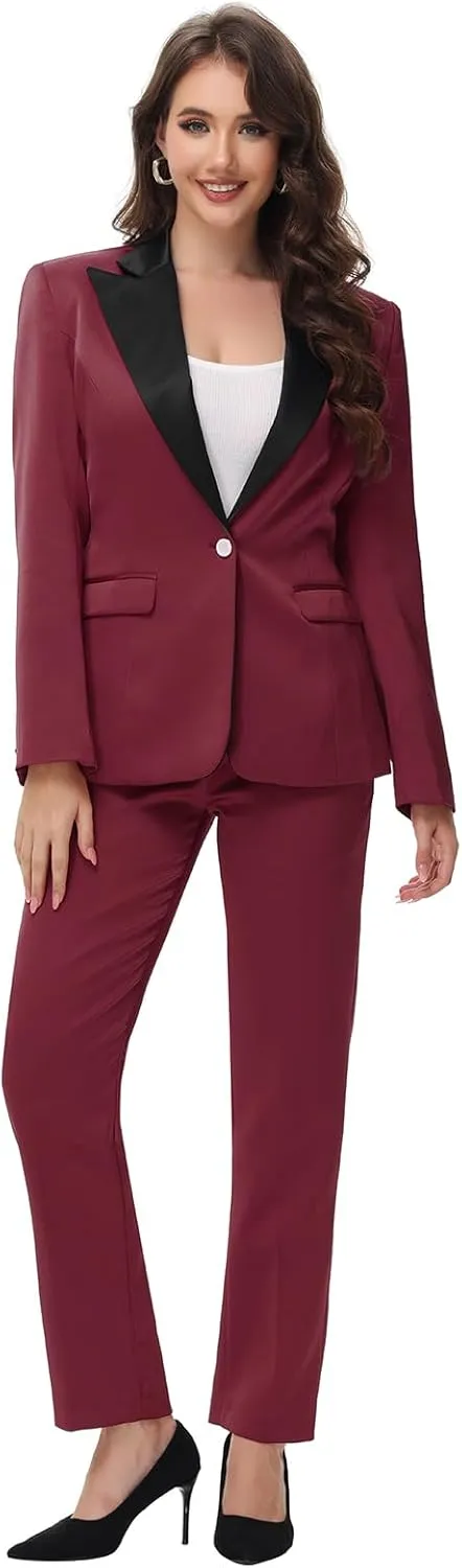Lamgool Women's Suit 2 Pieces Satin Pantsuits One Button Tuxedo for Dinner, Event and Work