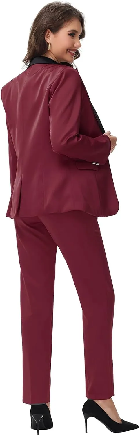 Lamgool Women's Suit 2 Pieces Satin Pantsuits One Button Tuxedo for Dinner, Event and Work