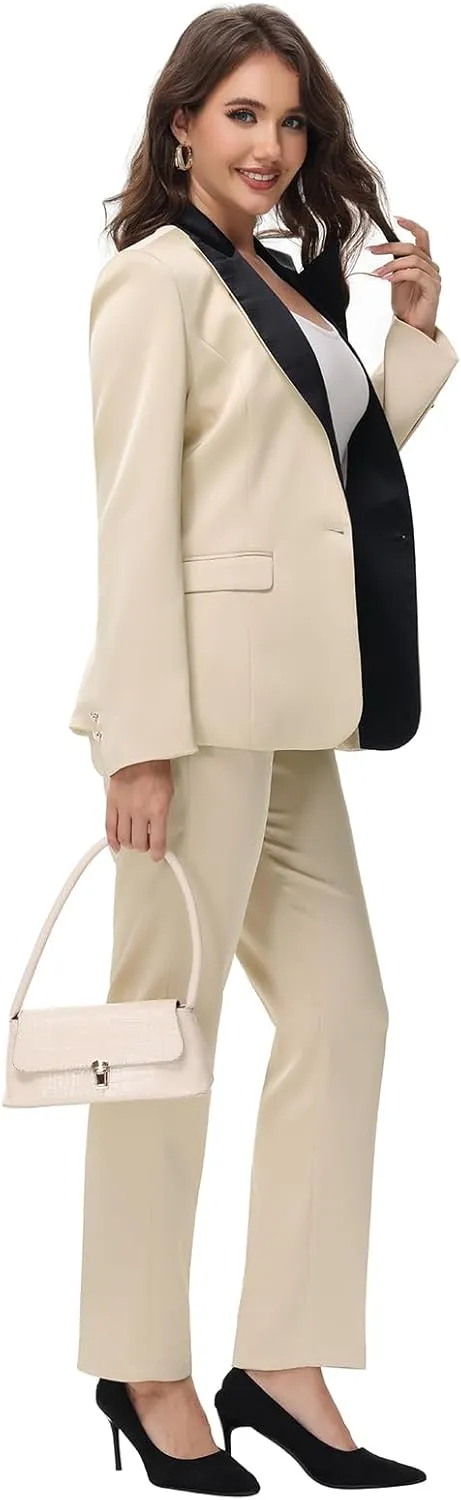 Lamgool Women's Suit 2 Pieces Satin Pantsuits One Button Tuxedo for Dinner, Event and Work
