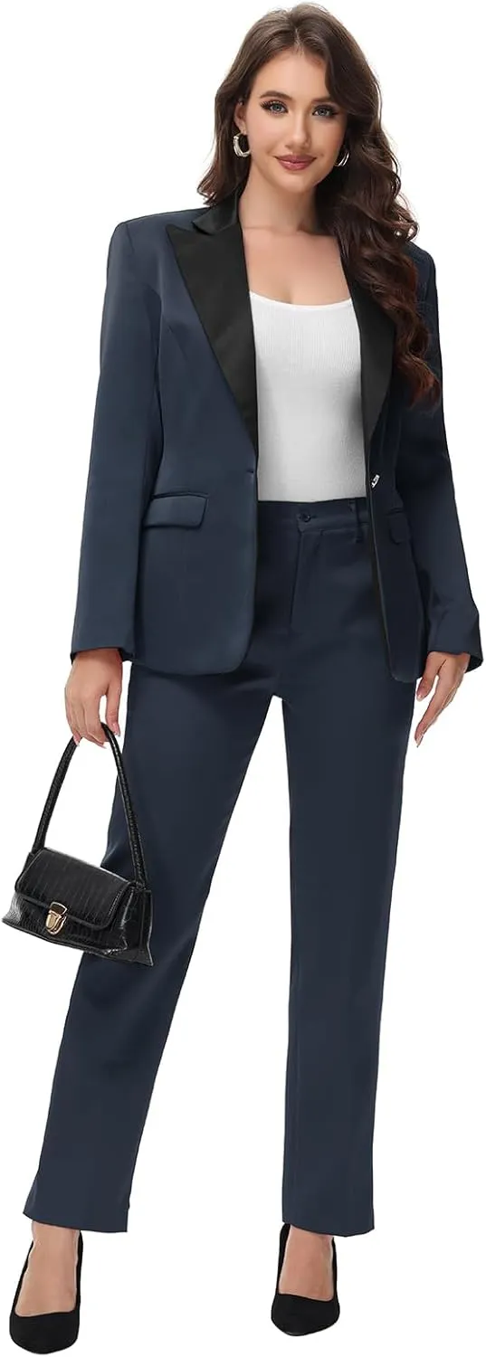 Lamgool Women's Suit 2 Pieces Satin Pantsuits One Button Tuxedo for Dinner, Event and Work