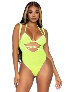 Leg Avenue 2 Pc. Rhinestone Wrap Around Bikini Top and Suspender Body Suit - One Size - Neon Yellow