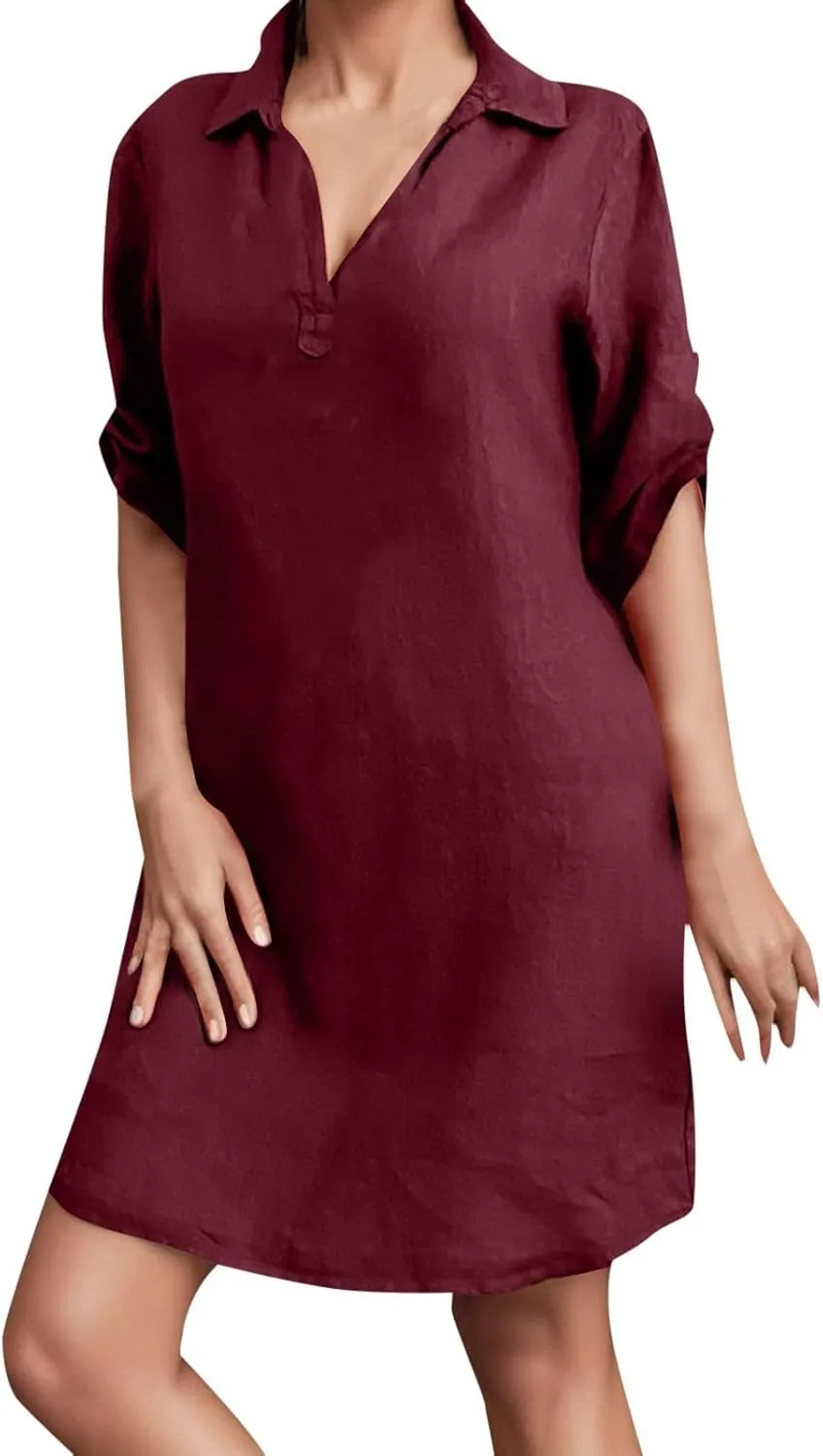 Linen Dress Women Summer Beach Plus Size V Neck Short Sleeve Funeral Dress Elegant Travel Outfits for Women Linen Shirt