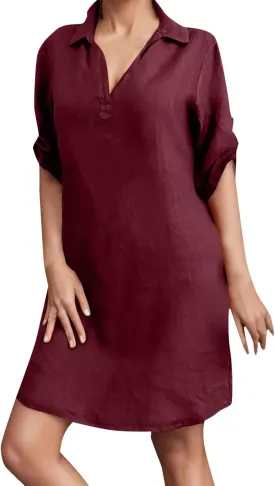 Linen Dress Women Summer Beach Plus Size V Neck Short Sleeve Funeral Dress Elegant Travel Outfits for Women Linen Shirt