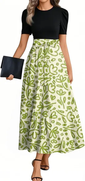 Long Floral Dresses for Women 2025 Elegant Boho Tie Belted Patchwork Empire Waist Short Sleeve Modest Flowy Maxi Dress