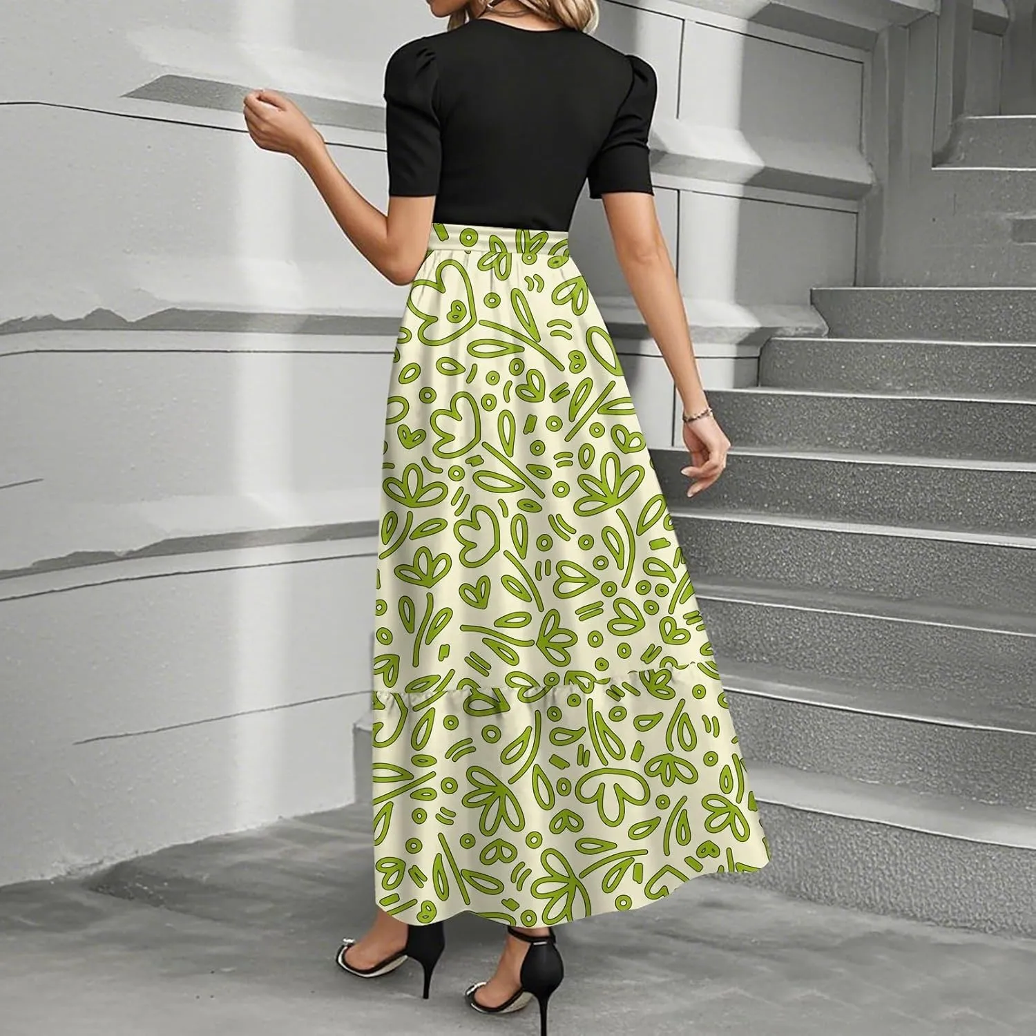 Long Floral Dresses for Women 2025 Elegant Boho Tie Belted Patchwork Empire Waist Short Sleeve Modest Flowy Maxi Dress