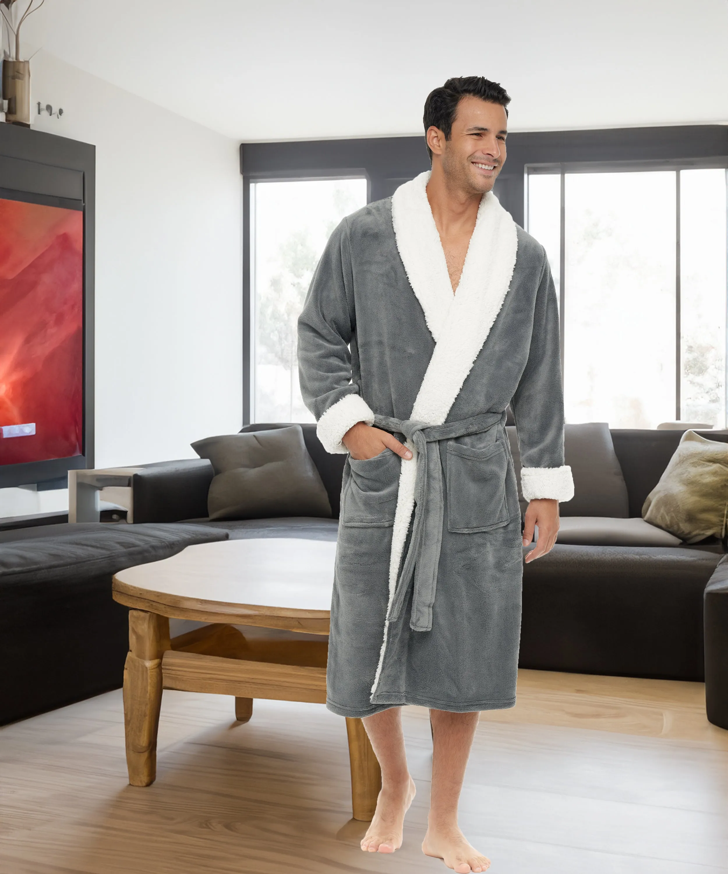 Men's Plush Sherpa Robe, Warm Bathrobe with Pockets