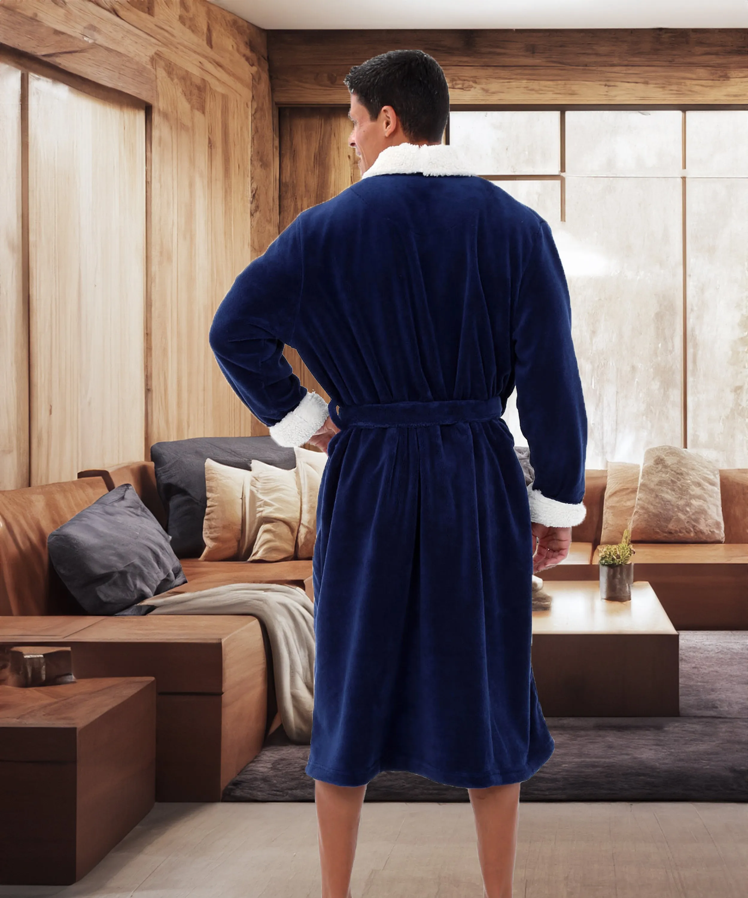 Men's Plush Sherpa Robe, Warm Bathrobe with Pockets